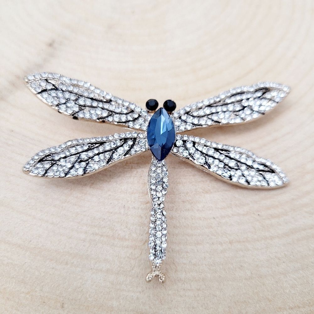 Brand New Gold Tone Silver & Blue Dragonfly Rhinestone Brooch Pin